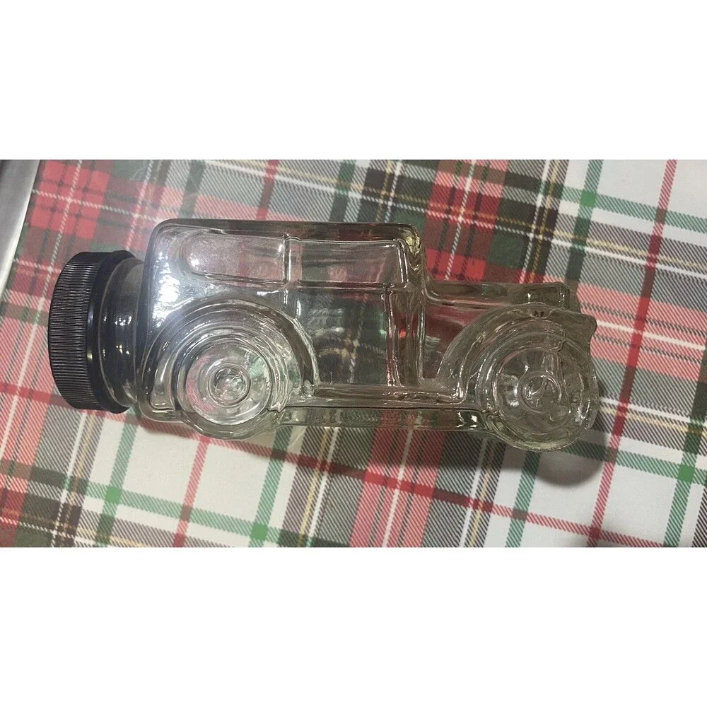 VINTAGE CAR 5” GLASS CANDY JAR CONTAINER WITH BLACK LID